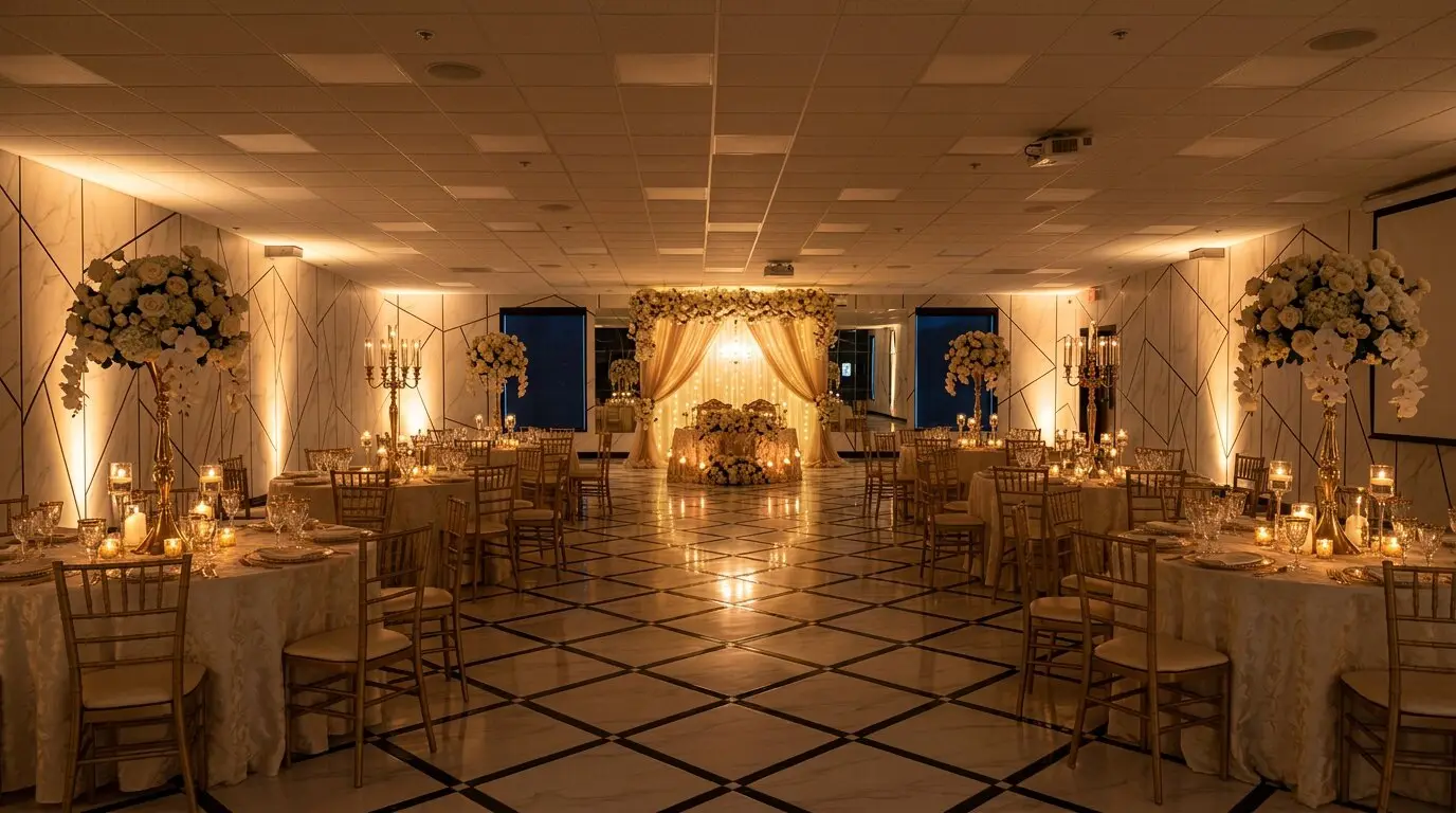 Styled concept of a candlelit reception in The Marble Room